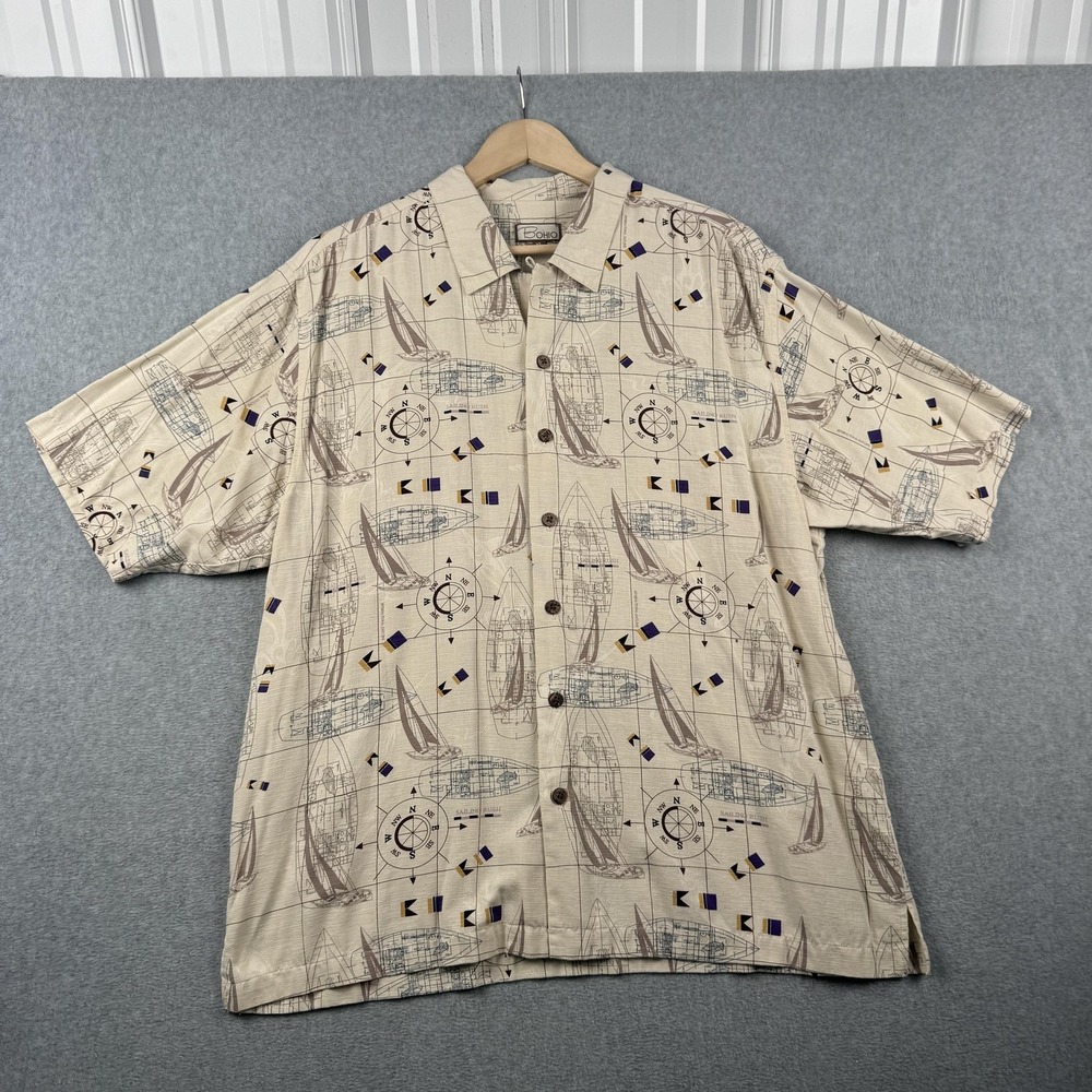 Bohio Shirt Mens XL Cream 100% Silk‎ Nautical Sailboat Print Short Sleeve Button